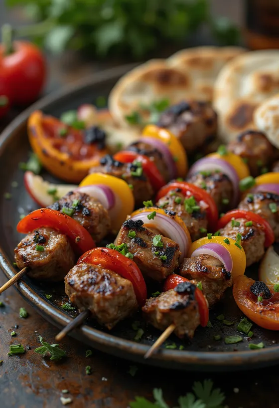Šiš kebabs uz iesma ar grilētu gaļu un dārzeņiem