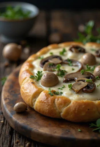Fokača ar saldo krējumu, sēnēm un ķiplokiem pasniegta