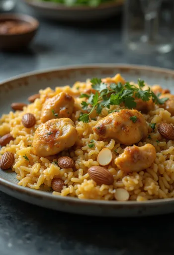 Kabsa pasniegta ar mandelēm un rozīnēm