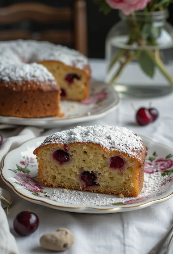 Magoņu un ķiršu torte sagriezta pasniegšanai