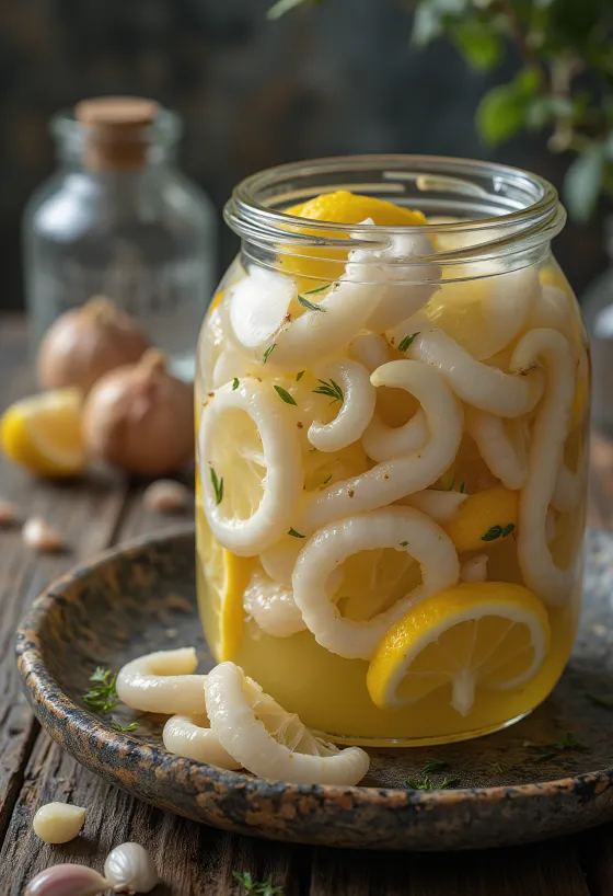 Marinēti kalmāri burkā ar citronu un garšvielām
