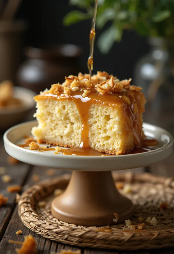 Kokosriekstu un karameļu torte sagriezta