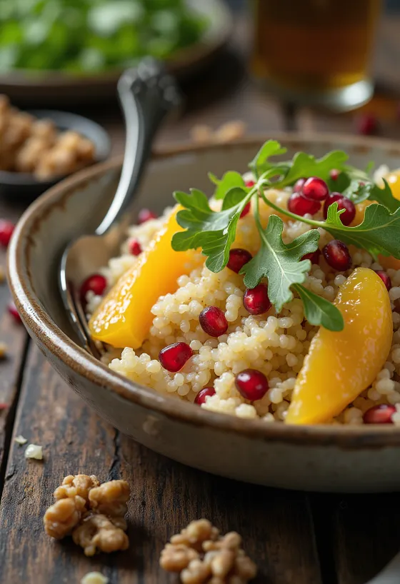 Apelsīnu un kvinojas salāti pasniegti