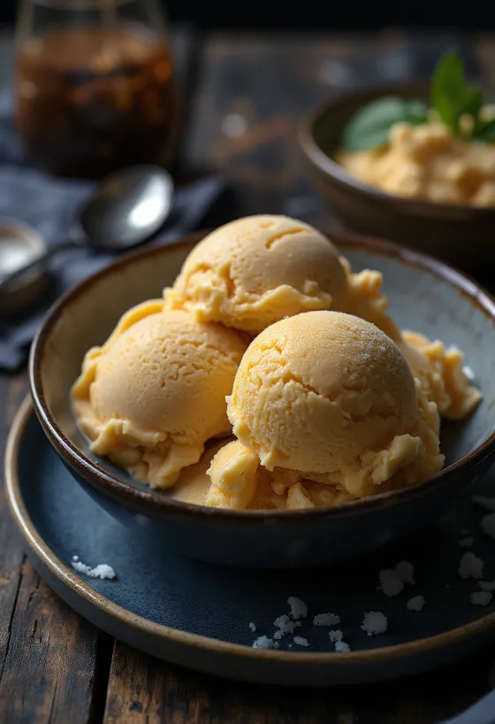 Brūinātā sviesta saldējums pasniegts