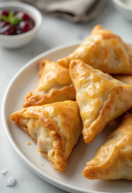 Samosas ar pīles gaļu pasniegtas