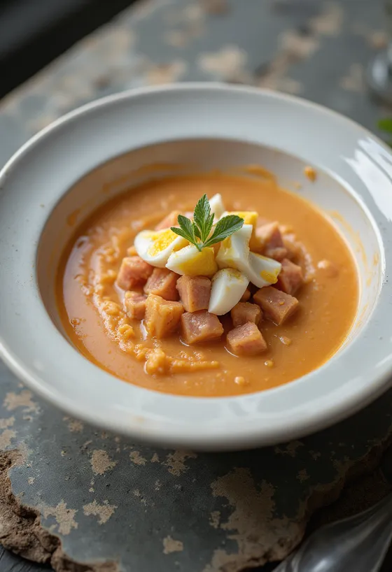 Salmorejo ar tunci, pasniegts ar svaigu olu un pētersīļiem