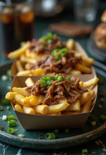 Poutine ar plucinātu cūkgaļu kanādas stilā