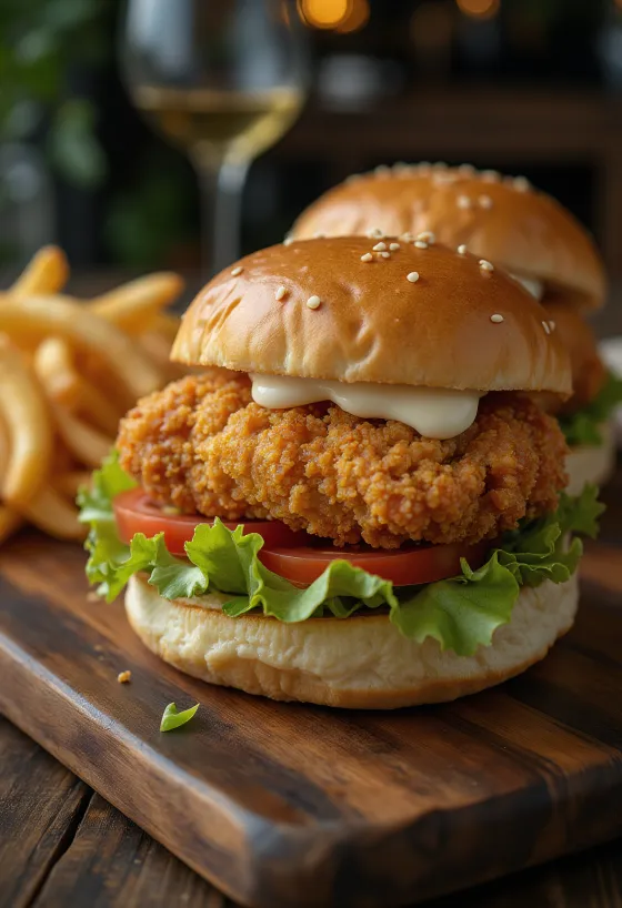 Kraukšķīgais vistas burgers pasniegts