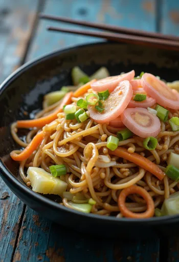 Yakisoba ar dārzeņiem, ceptas nūdeles ar krāsainiem dārzeņiem