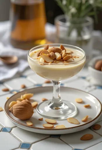 Mandeļu liķiera panna cotta pasniegta