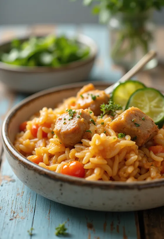 Rīsi ar gaļu, sulīgu cūkgaļu un bagātīgiem dārzeņiem.