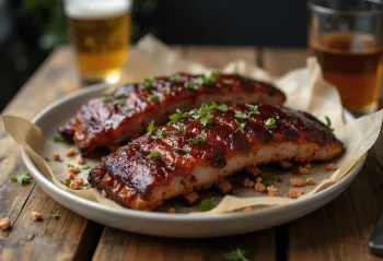 BBQ cūkgaļas ribiņas pasniegtas ar svaigām piedevām