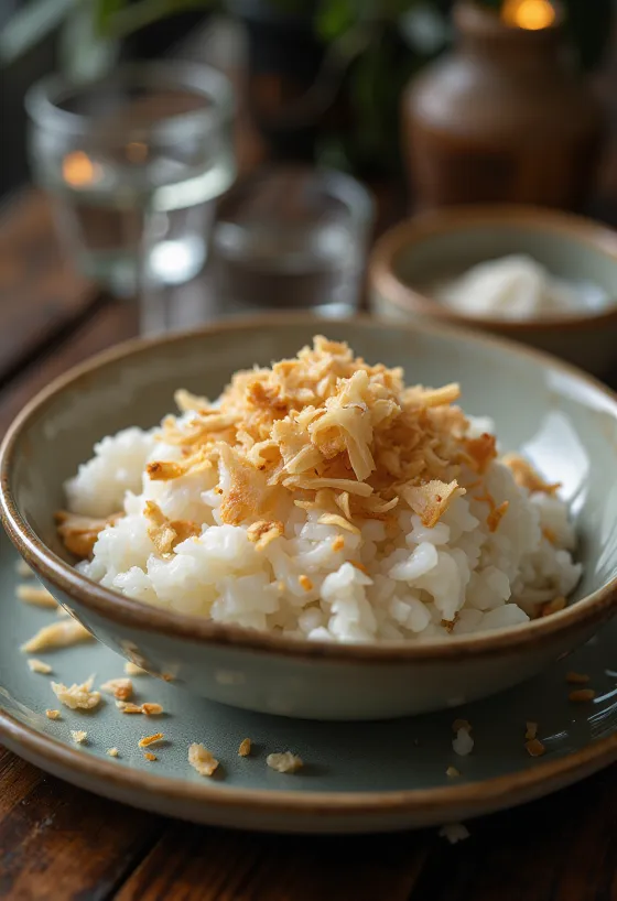 Rīsi kokosriekstu pienā pasniegti