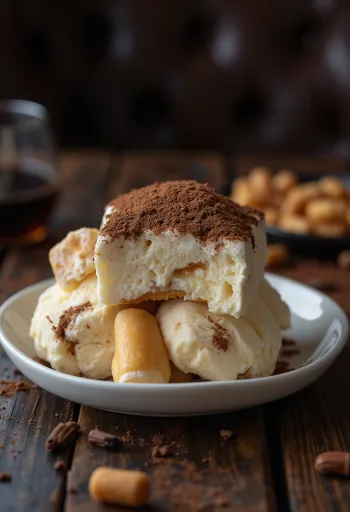 Tiramisu saldējums pasniegts