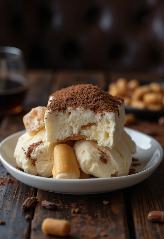 Tiramisu saldējums pasniegts