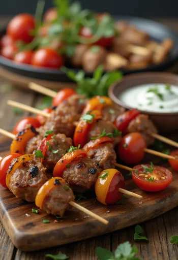 Mini kebaba iesmiņi ar grilētām gaļas bumbiņām un jogurta mērci