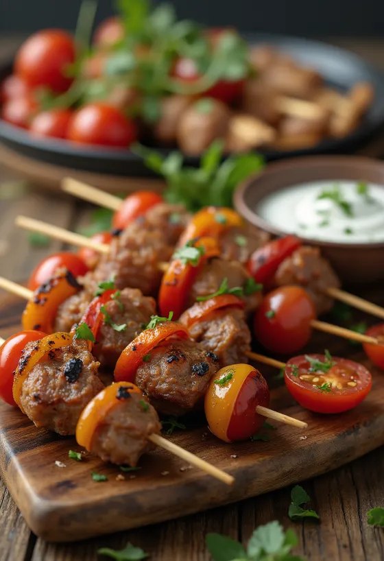 Mini kebaba iesmiņi ar grilētām gaļas bumbiņām un jogurta mērci