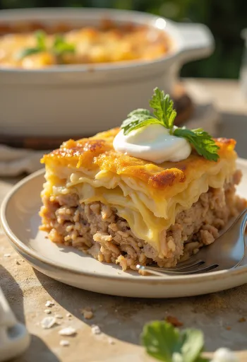Tradicionāli kārtainie kāposti, kārtās ar malto gaļu un rīsiem, pasniegti ar skābo krējumu.