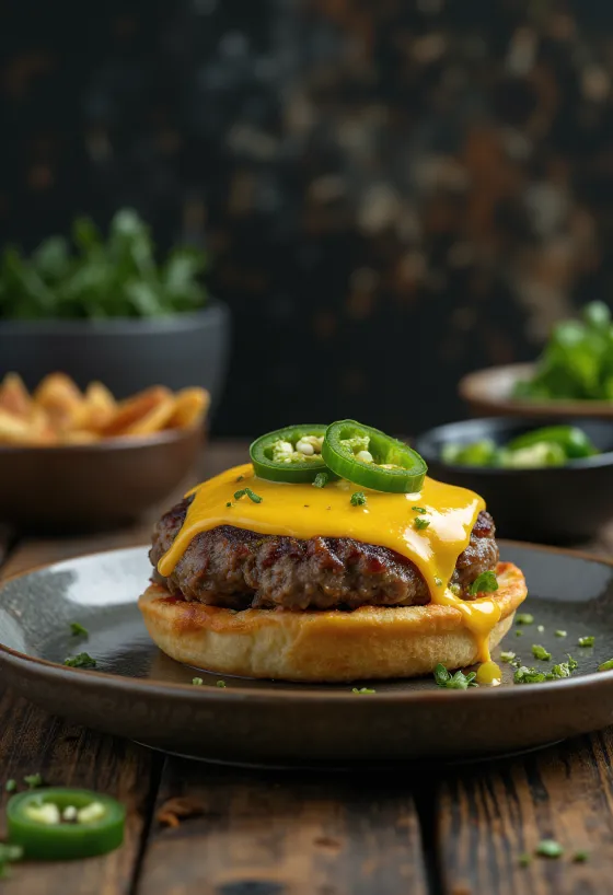 Burgers ar halapenjo un sieru, sulīgu gaļas kotleti un pikantu halapenjo papriku