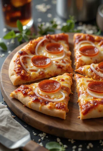 Pepperoni pica ar sīpoliem pasniegta