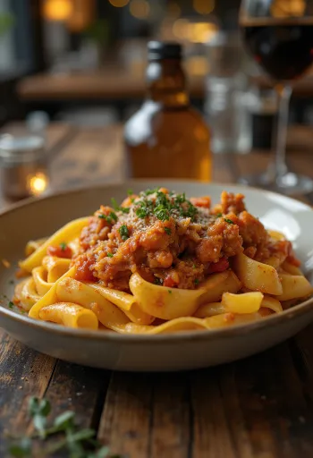 Truša ragū pasniegts ar pappardelle pastu un rotāts ar svaigu rozmarīnu
