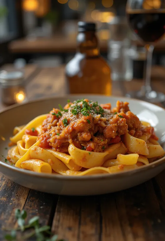 Truša ragū pasniegts ar pappardelle pastu un rotāts ar svaigu rozmarīnu