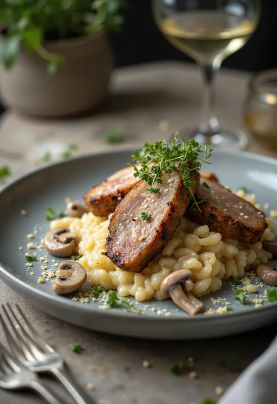 Cūkgaļas kakla karbonāde pasniegta ar sēņu risoto