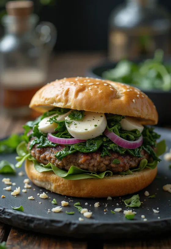 Pasniegts spinātu un kazas siera burgers