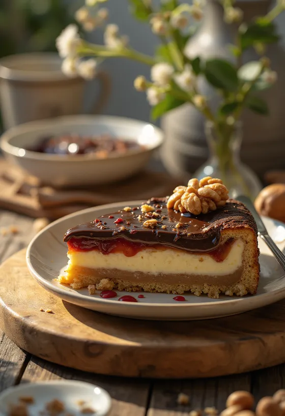 Kastaņu un linzera torte, rotāta ar šokolādi un ievārījumu