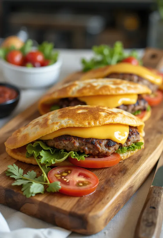 Piadina ar liellopa gaļas kotleti un Čedaras sieru pasniegta