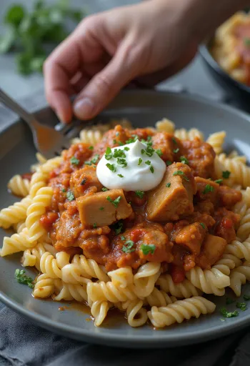 Cūkgaļas sautējums ar makaroniem un skābo krējumu