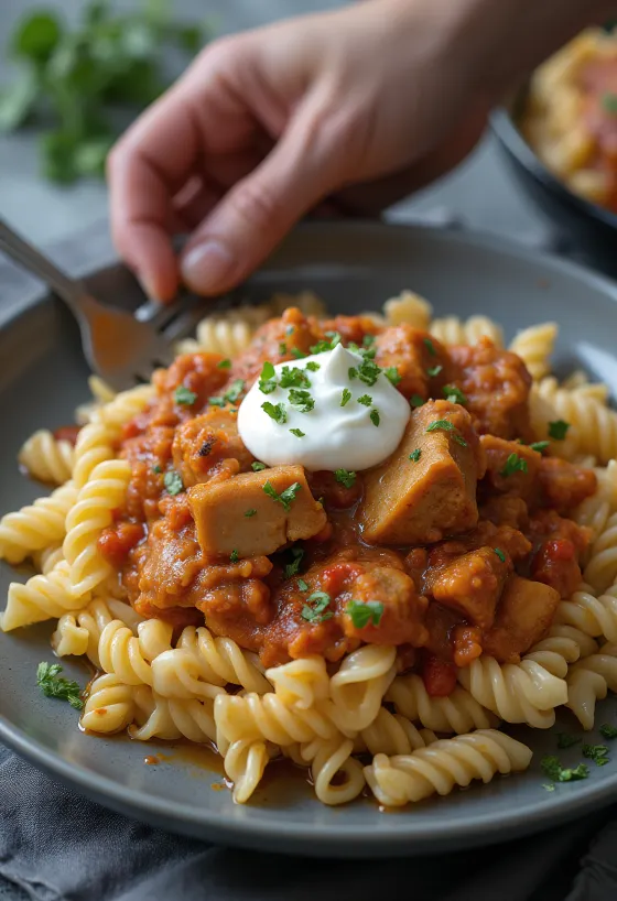 Cūkgaļas sautējums ar makaroniem un skābo krējumu