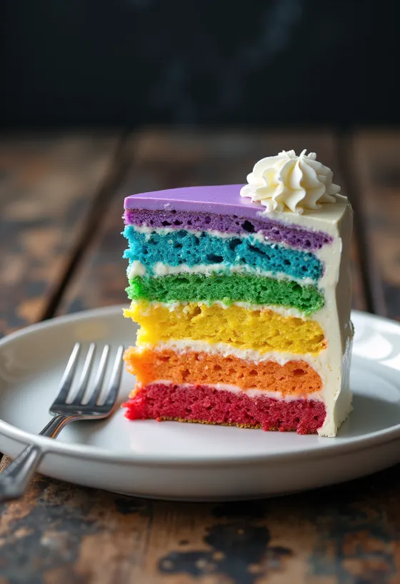 Varavīksnes torte ar baltu fondantu un krāsainām iekšējām kārtām