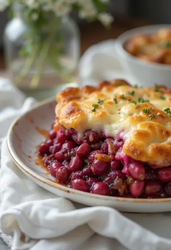 Biešu un pupiņu sacepums pasniegts