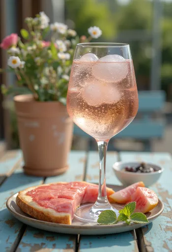 Rozā vīna spritz ar citrona šķēli un ledu