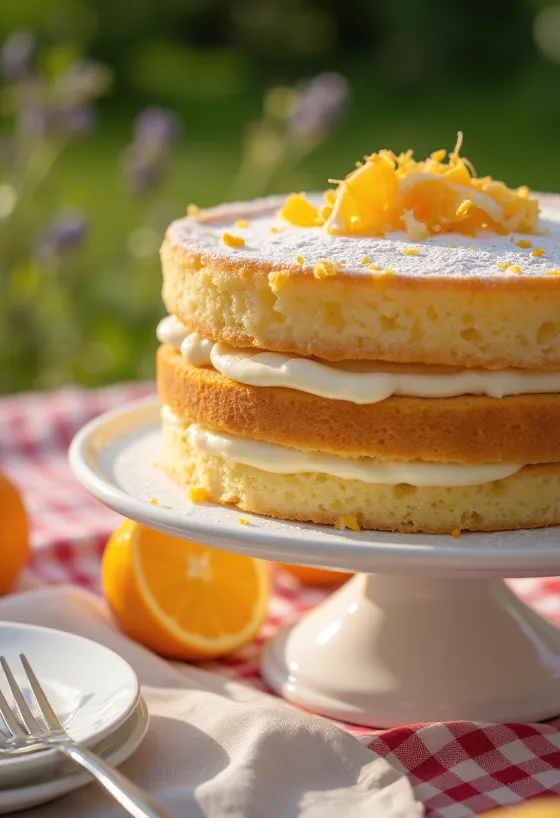 Apelsīnu biskvīta torte ar svaigām apelsīnu šķēlītēm