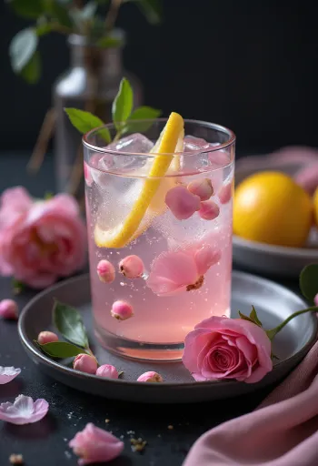 Limonāde ar rožūdeni pasniegta glāzē
