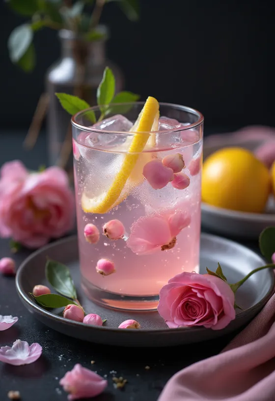 Limonāde ar rožūdeni pasniegta glāzē
