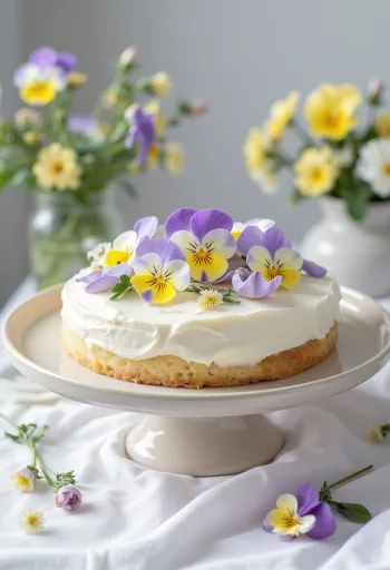 Pavasara ziedu torte dekorēta ar ēdamiem ziediem