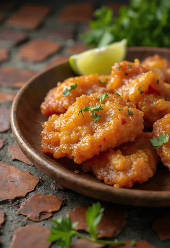 Chicharrón, kraukšķīga cūkgaļa pasniegta uz šķīvja