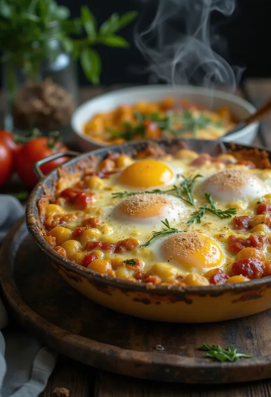 Vegānā baklažānu musaka pasniegta