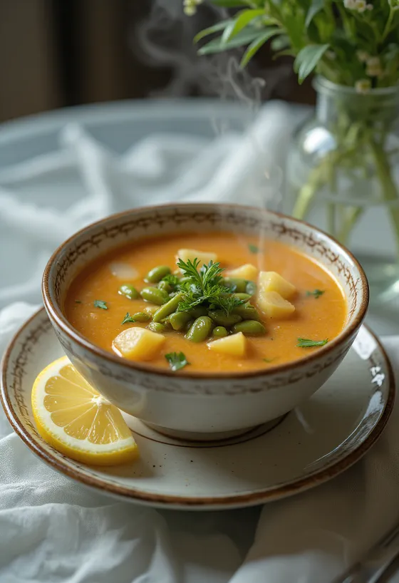 Tradicionāla Palóc zupa, bagātīgi gatavota ar zaļajām pupiņām, kartupeļiem un jēra gaļu.