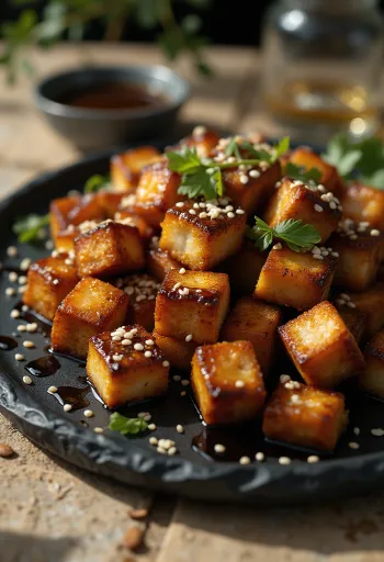 Marinēts un cepts tofu, pasniegts ar grauzdētām sezama sēklām