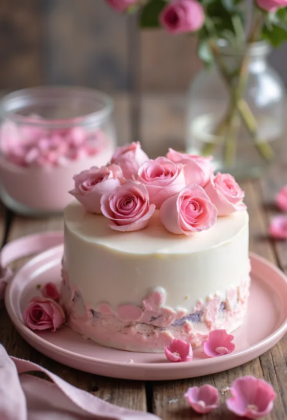 Valentīndienas rožu torte ar baltu fondanta pārklājumu un rožu ziedlapiņām