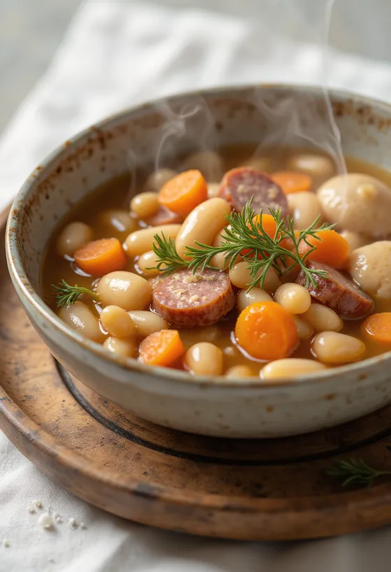 Tradicionāla pupiņu zupa ar mīklas gabaliņiem, pasniegta ar kūpinātas gaļas buljonu