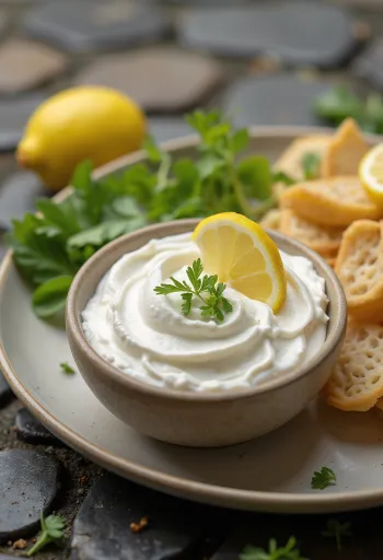Citronu un diļļu krējuma mērce pasniegta traukā