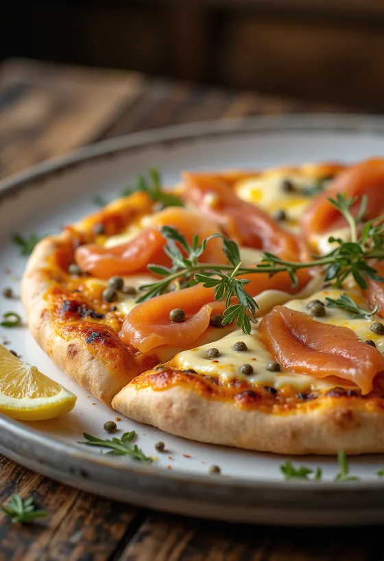 Pizza à la Norvégienne ar kūpinātu lasi, kaperiem un skābo krējumu
