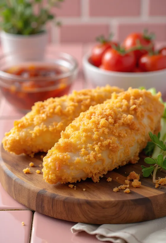 Zeltaini brūna panēta vistas krūtiņa, pasniegta ar svaigiem salātiem.