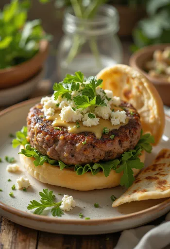Tuvo Austrumu hamburgers ar tahini mērci un jēra gaļas kotleti