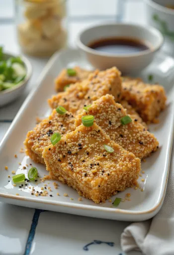 Cepts tofu sezama sēklu garoziņā, kraukšķīgs un zeltaini brūns, pasniegts ar svaigiem dārzeņiem.